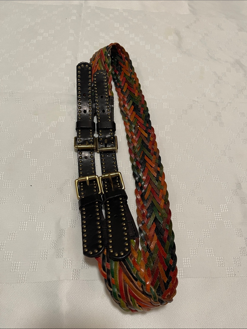 Woven Multicolor Handmade Leather Waist Belt with Studded Black Trim size L
